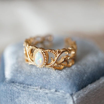 RosyCozy Exquisite Vintage Opal Filigree Ring with intricate gold-plated design