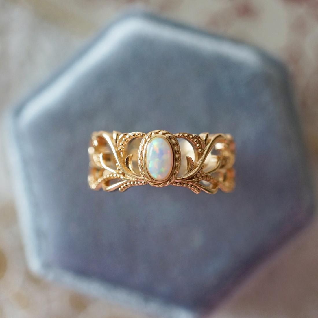 RosyCozy Exquisite Vintage Opal Filigree Ring with intricate gold-plated design