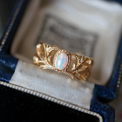 RosyCozy Exquisite Vintage Opal Filigree Ring with intricate gold-plated design