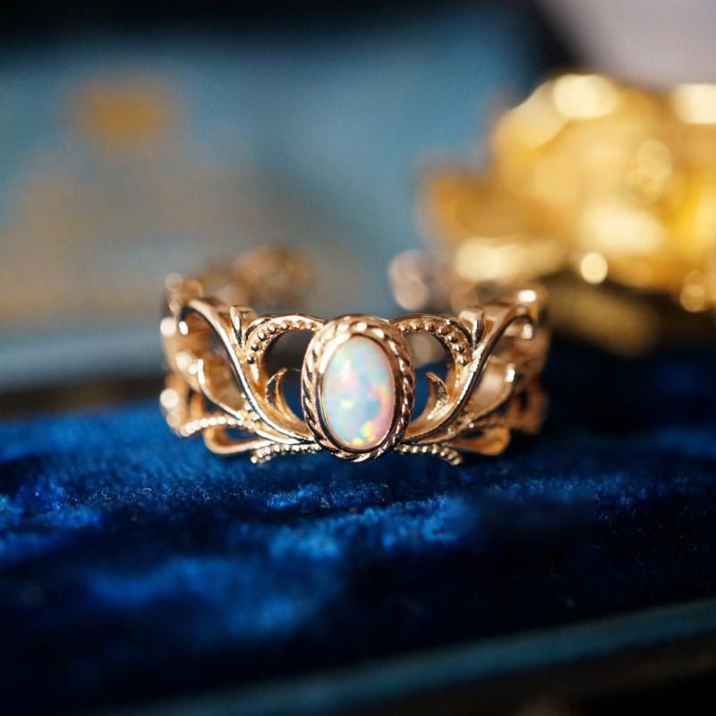 RosyCozy Exquisite Vintage Opal Filigree Ring with intricate gold-plated design