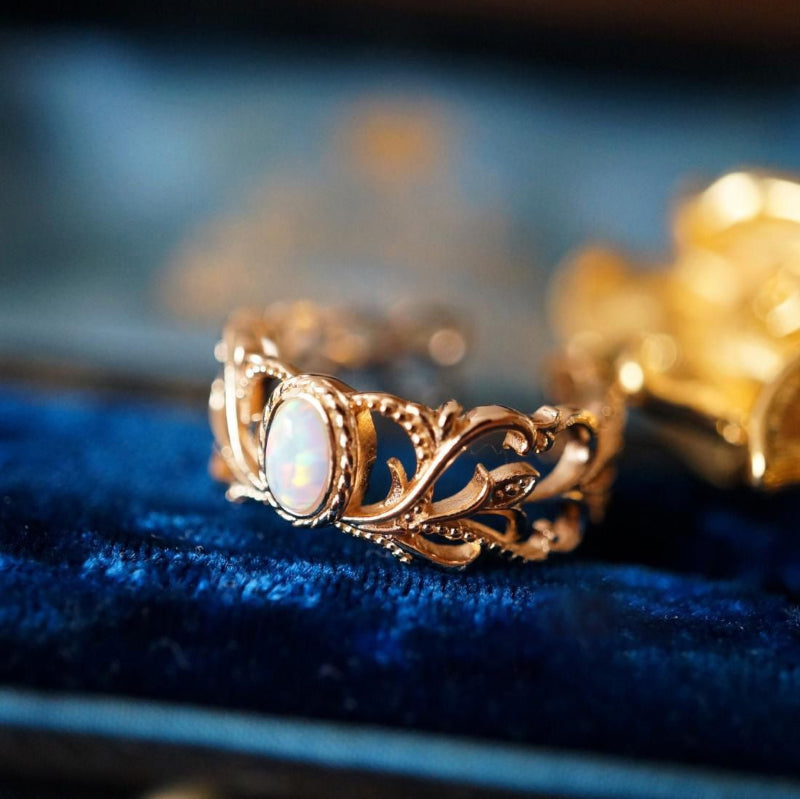 RosyCozy Exquisite Vintage Opal Filigree Ring with intricate gold-plated design