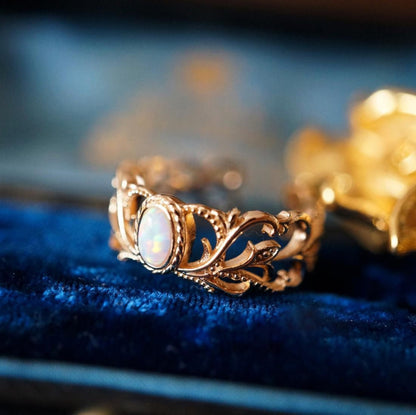RosyCozy Exquisite Vintage Opal Filigree Ring with intricate gold-plated design