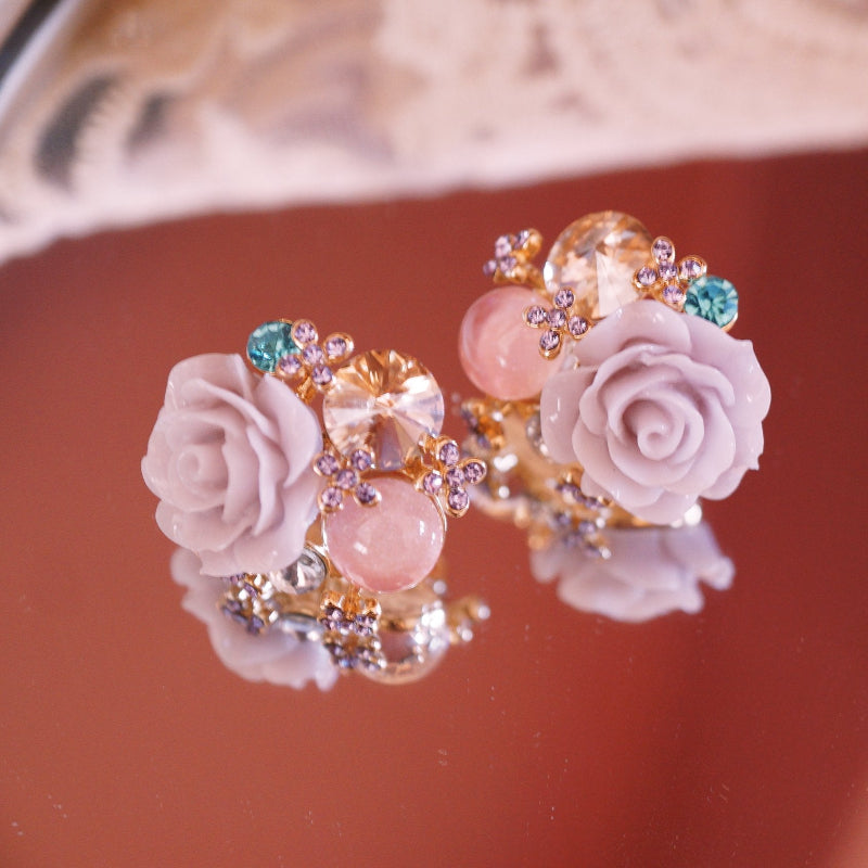 RosyCozy Romantic Rose Blossom Crystal Earrings with pink floral design and gold accents