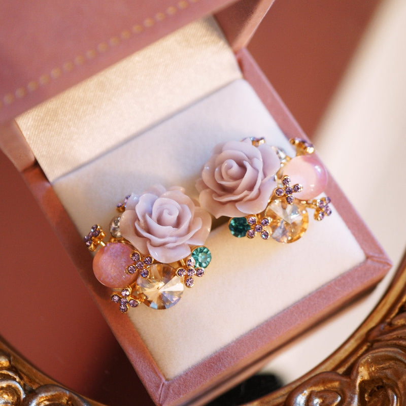 RosyCozy Romantic Rose Blossom Crystal Earrings with pink floral design and gold accents