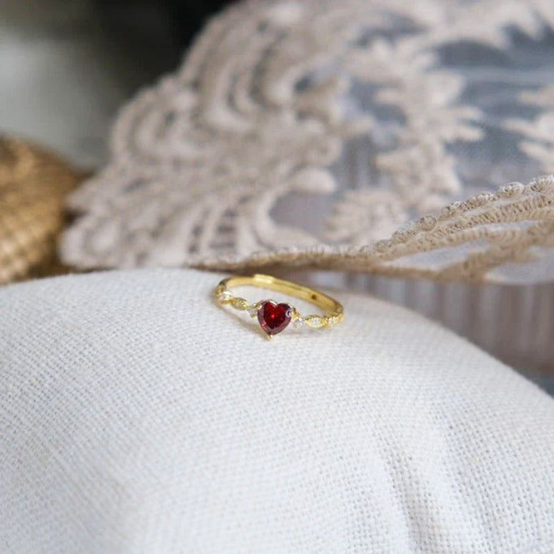 RosyCozy Ruby Heart Promise Ring with 14k gold plating and romantic vintage design