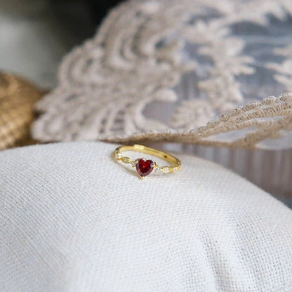 RosyCozy Ruby Heart Promise Ring with 14k gold plating and romantic vintage design