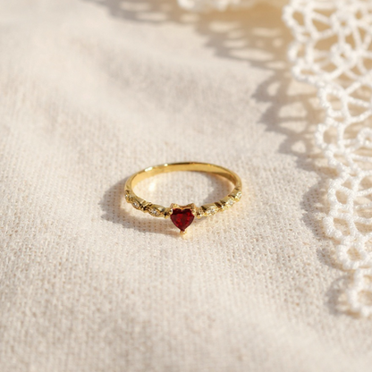 RosyCozy Ruby Heart Promise Ring with 14k gold plating and romantic vintage design