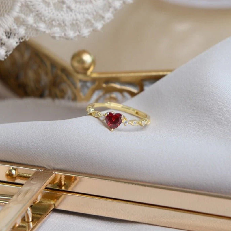 RosyCozy Ruby Heart Promise Ring with 14k gold plating and romantic vintage design
