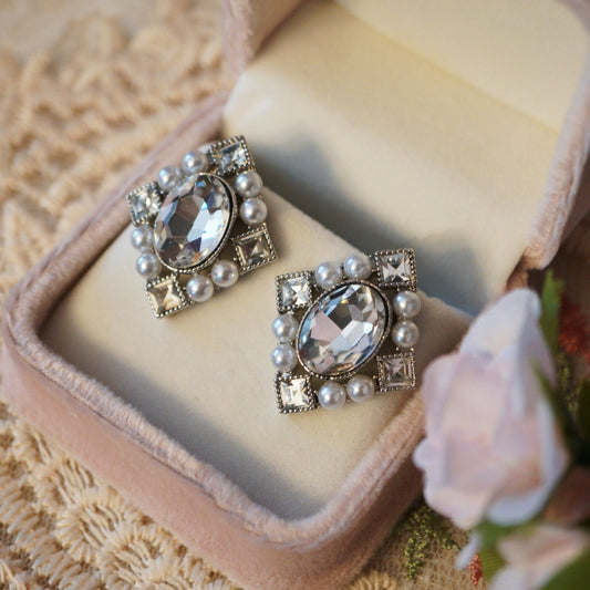 Victorian Crystal Pearl Square Stud Earrings