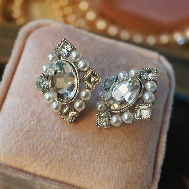 Victorian Crystal Pearl Square Stud Earrings