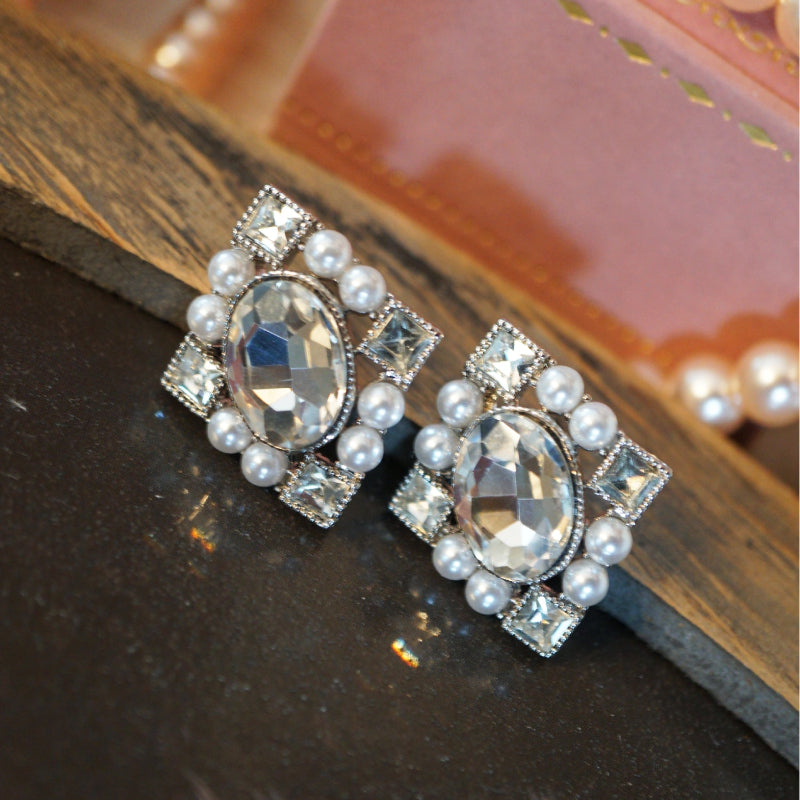 Victorian Crystal Pearl Square Stud Earrings
