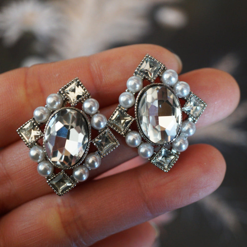 Victorian Crystal Pearl Square Stud Earrings