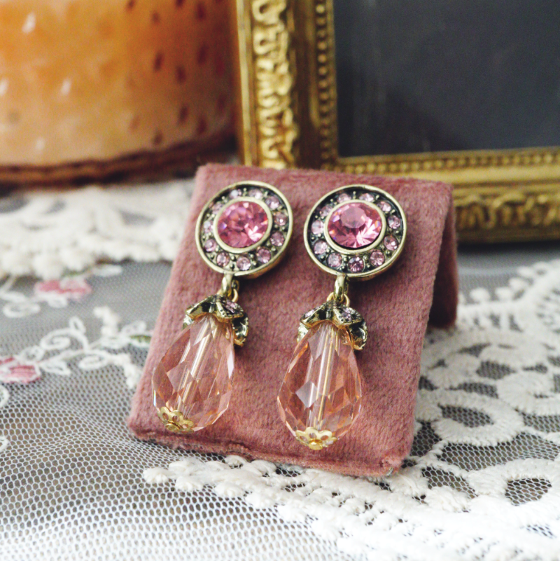 RosyCozy Vintage Rose Buds Drop Earrings with delicate pink rose design and gold accents
