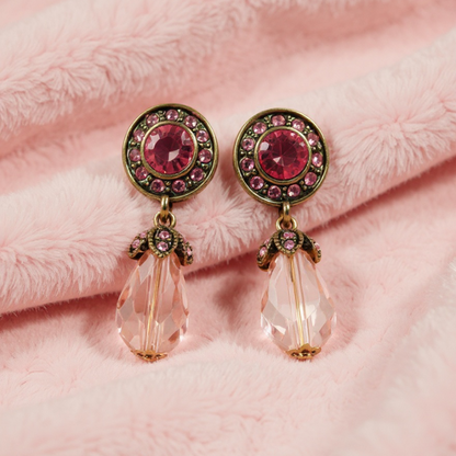RosyCozy Vintage Rose Buds Drop Earrings with delicate pink rose design and gold accents