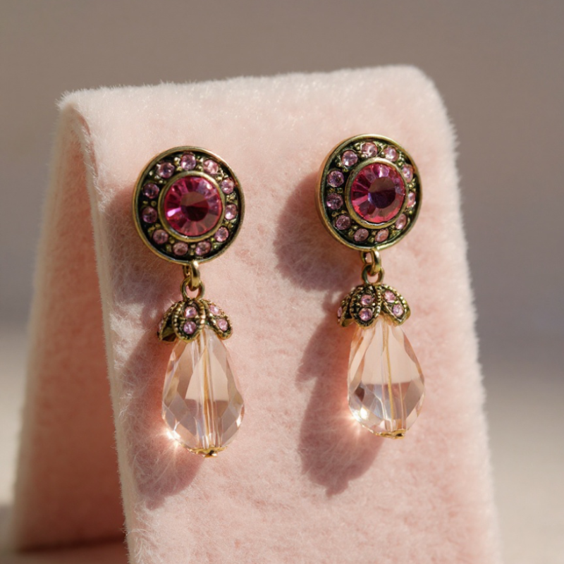 RosyCozy Vintage Rose Buds Drop Earrings with delicate pink rose design and gold accents