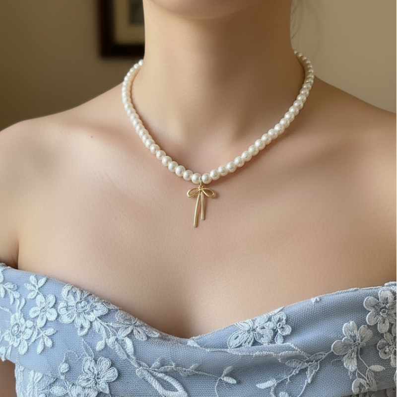 Elegant pearl necklace with gold bow pendant displayed on a female's neck