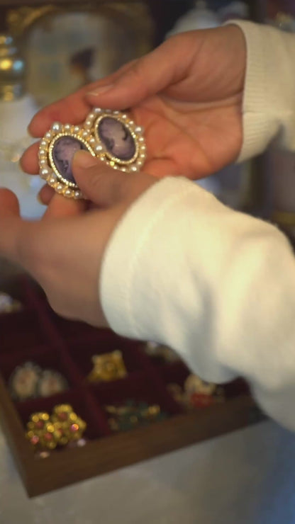 Purple Cameo Earrings with Pearls