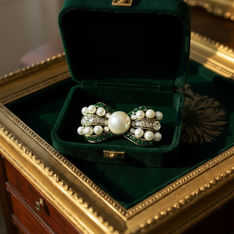 Vintage gold bow brooch with pearls and emerald green crystals by RosyCozy