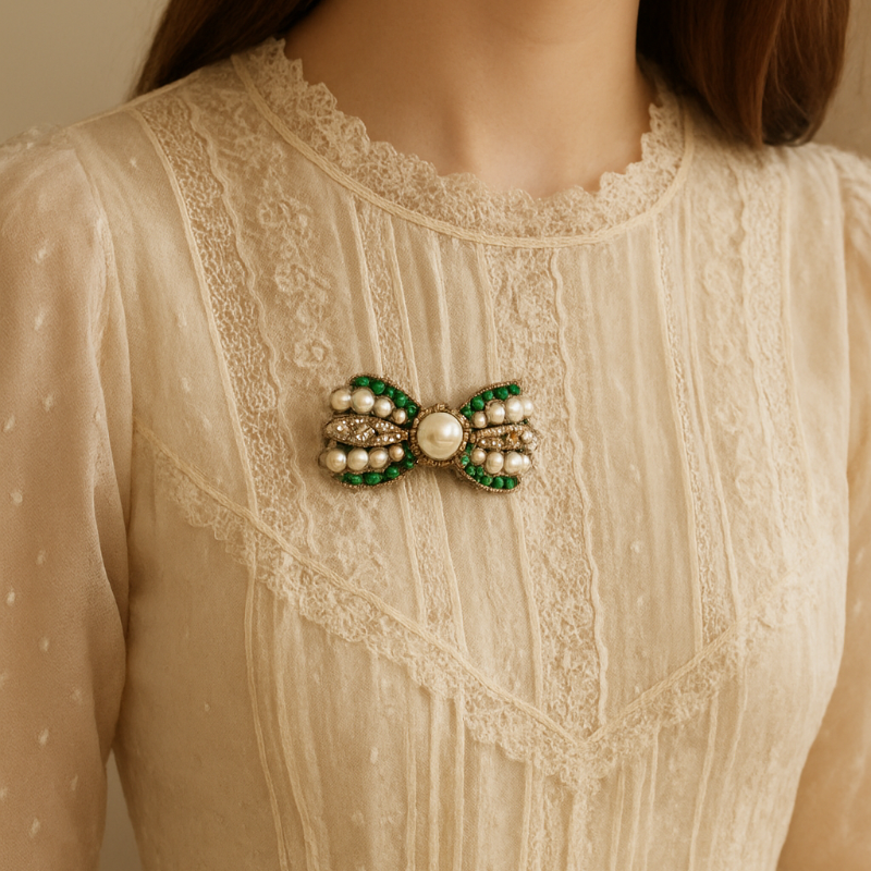 Vintage gold bow brooch with pearls and emerald green crystals by RosyCozy